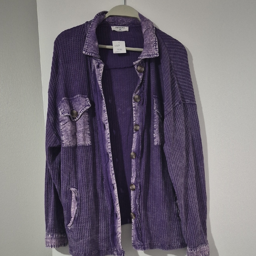 Zenana Outfitters Purple Corduroy Shirt Jacket with Washed Trim